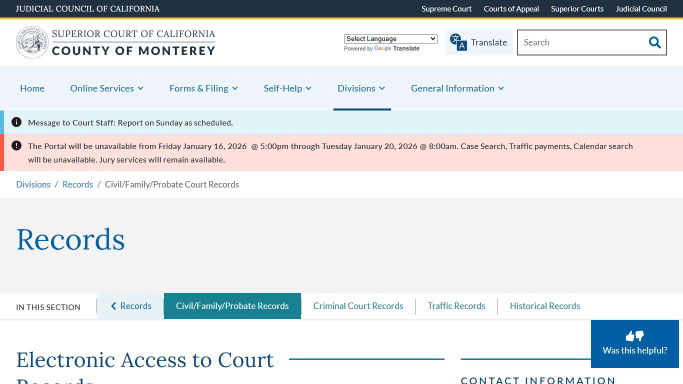 Civil/Family/Probate Court Records | Monterey