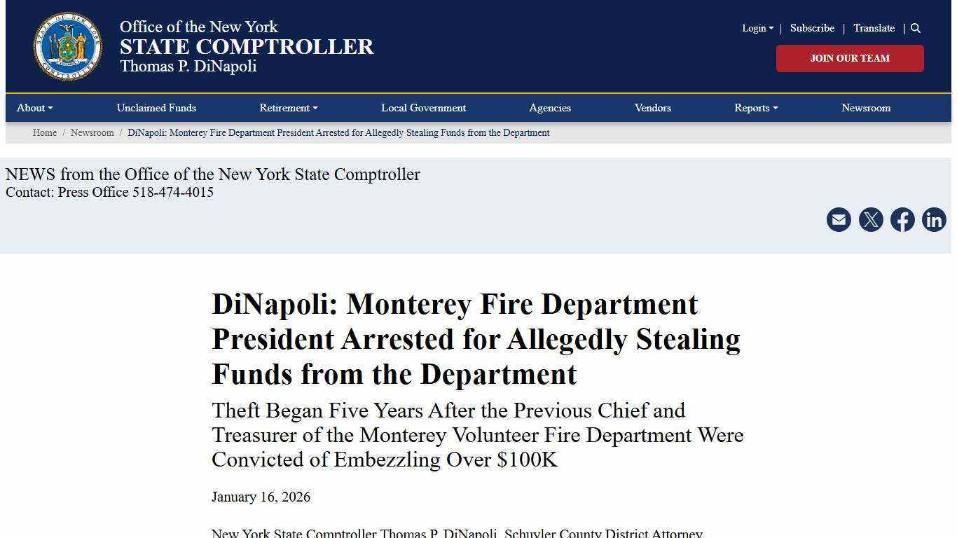 DiNapoli: Monterey Fire Department President Arrested for Allegedly Stealing Funds from the Department | Office of the New York State Comptroller